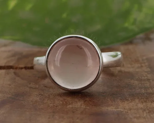 Miniatura 3 de Anillo de plata de cuarzo rosa Anillo de cuarzo rosa redondo natural Plata de ley 925 Joyería hecha a mano
