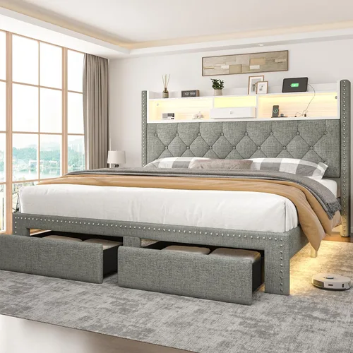 Miniatura 9 de Base de cama de lino tamaño completo con cabecera de almacenamiento de 2 niveles y estación de carga, marcos de cama de plataforma tapizados con 2