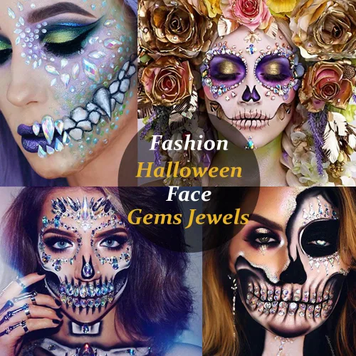 Miniatura 6 de 4 juegos de joyas de cara de Halloween con purpurina y esqueleto de azúcar, gemas para festivales, cristales, tatuajes faciales, calcomanías, ojos