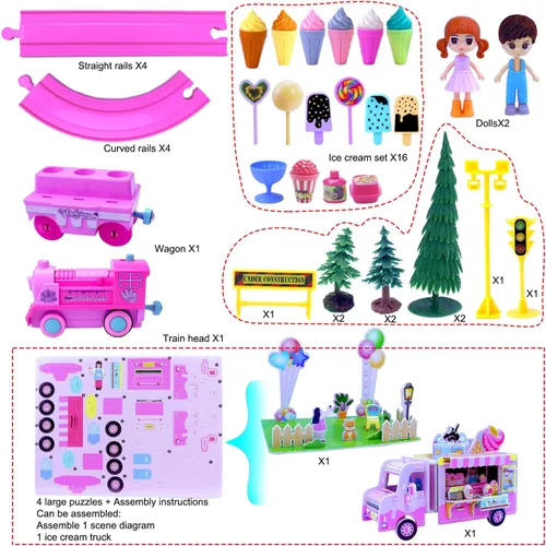Miniatura 5 de Juegos de trenes clásicos rosados para niños pequeños, juguetes musicales de tren eléctrico con camión de helado de bricolaje, rompecabezas