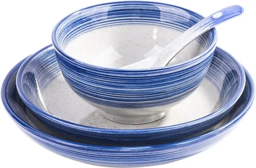 Juego de vajilla de cerámica azul de 4 piezas, plato, plato, cuenco, cuchara, juego de vajilla de porcelana japonesa pintada a mano, una buena YL.
