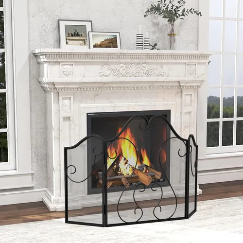 Miniatura 3 de Tangkula Pantalla de chimenea de 3 paneles, cubierta plegable de protección contra chispas con pergamino decorativo, puerta de chimenea