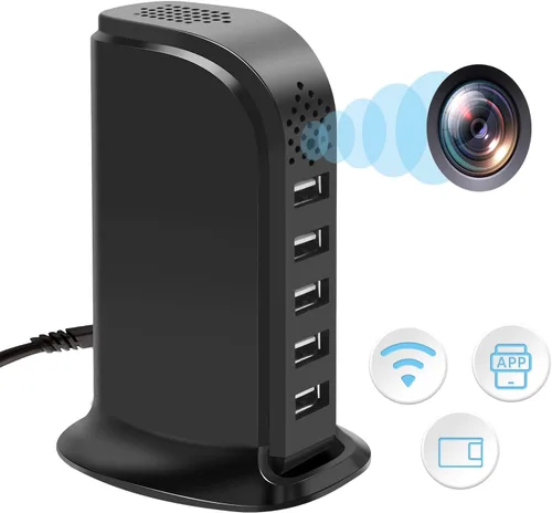 Cámara con cargador WiFi, mini cámara oculta HD de 1080P para seguridad en interiores, cámara inalámbrica para niñera con detección de movimiento,