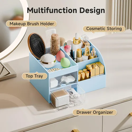 Miniatura 4 de Organizador de maquillaje con 2 cajones, organizadores de maquillaje para encimera de tocador y baño, organización de maquillaje y almacenamiento