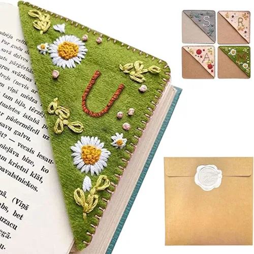 Miniatura 46 de Marcapáginas de esquina bordado a mano personalizado, 26 letras con costura a mano de fieltro, marcapáginas de esquina con bordado de flores lindo