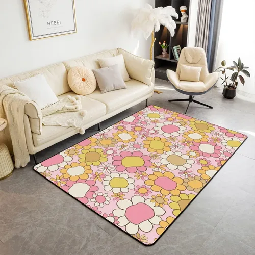 Miniatura 32 de Erosebridal Alfombra de área con tema Groovy de los 70 para sala de estar y dormitorio, alfombra retro con símbolo de paz antideslizante, alfombra