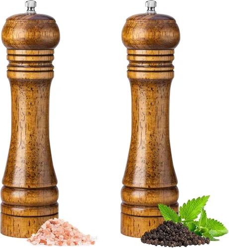 Juego de 2 molinillos de sal y pimienta de madera de 8 pulgadas, molinillo de sal ajustable de madera de roble, mecanismo de molienda de cerámica