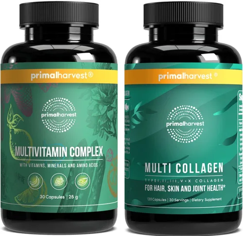 Primal Harvest Suplementos multivitamínicos y de colágeno para mujeres y hombres, paquete de cápsulas multivitamínicas y péptidos de colágeno