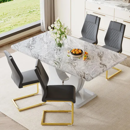 JUFU Juego de 4 mesas de comedor modernas para 4, juego de mesa de comedor de mármol sintético gris para 4, 63 sillas rectangulares de mesa de