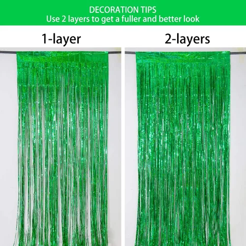 Miniatura 8 de Cortinas de flecos de aluminio para decoraciones navideñas - Melsan, paquete de 3, 3.2 x 8.2 pies, cortinas de oropel verde para fondo de fotos