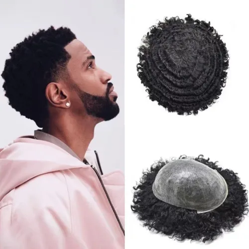 Afro Curl Toupee para hombres unidades de cabello humano real para hombres negros inyectados PU tupé afroamericano para hombre postizo de pelo