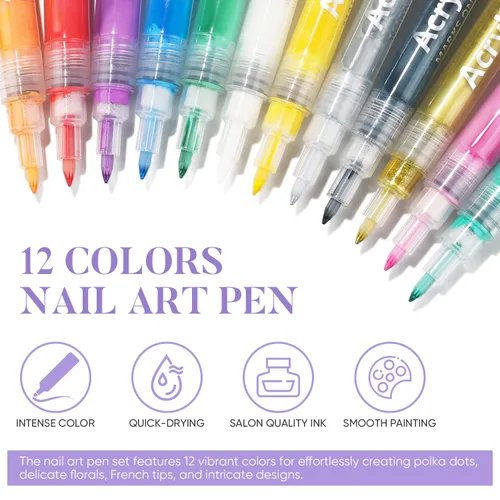 Miniatura 2 de AIMEILI Juego de bolígrafos de arte de uñas de 12 colores, bolígrafos de pintura acrílica de punta fina para salón y hogar, diseño de uñas, pincel