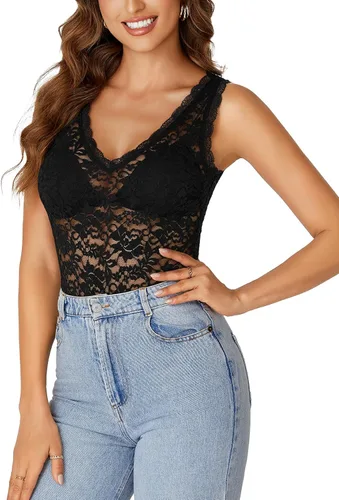 Miniatura 3 de Rooscier - Blusa sin mangas para mujer, con encaje floral, cuello en V, con volantes, transparente, sin sujetador