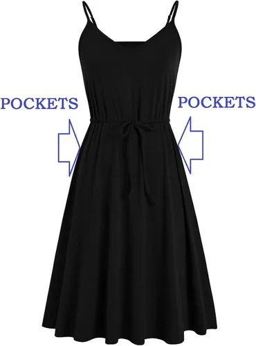 Miniatura 6 de Vestido casual de verano para mujer, de algodón, sin mangas, tirantes delgados, cintura ajustable, acampanado, con bolsillos, 826