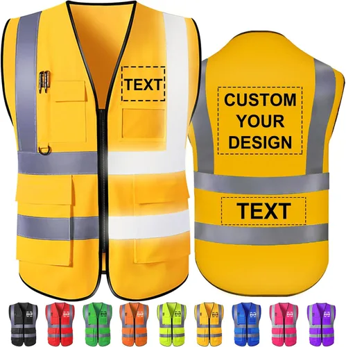 Miniatura 9 de Chaleco de seguridad personalizado Chalecos reflectantes de alta visibilidad con bolsillos con cremallera, logotipo personalizado clase 2 para Azul