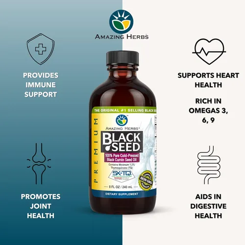 Miniatura 2 de Amazing Herbs Aceite de semilla negra de alta calidad, sin gluten, sin OMG, prensado en frío, Nigella sativa ayuda a la salud digestiva, apoyo