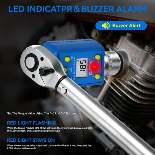 Miniatura 4 de DISEN Juego de adaptador de par digital de 1/2 pulgada (10-200 N.m/7.4-147.5 ft-lb), precisión de ±2%, modos de Mem y rastreo, zumbador y alerta