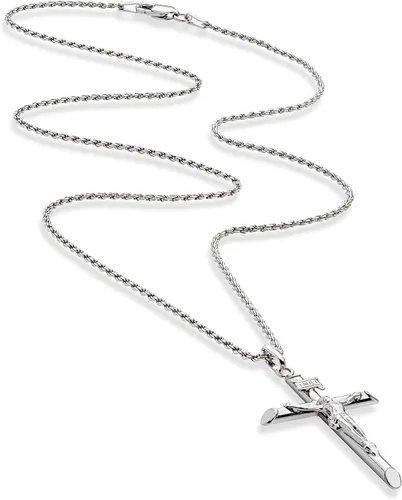 Miniatura 2 de Miabella Rhodium Plated 925 Sterling Silver Small or Large Crucifix Cross Necklace for Men Women, Cross Pendant with Rope Chain, Made in Italy