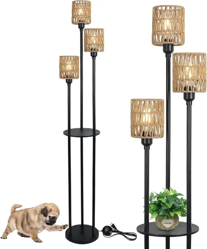 Miniatura 12 de Lámpara de pie bohemia con estantes, lámpara de pie alta de granja de 3 luces con interruptor de pie de encendido/apagado, lámparas de pie modernas