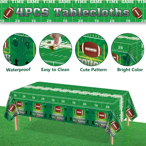 Miniatura 6 de Paquete de 4 manteles de fútbol americano, fundas para mesa de cumpleaños, fiesta temática de fútbol, mantel desechable para mesa de retorno
