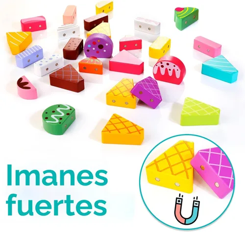 Miniatura 5 de HELLOWOOD Camión de helados de madera, 28 piezas magnéticas de helados dulces, alimentos y accesorios, juguetes Montessori de clasificación