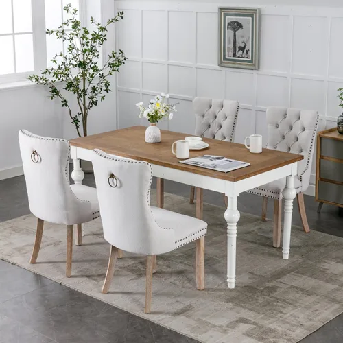 Miniatura 3 de Juego de 2 sillas de comedor, sillas decorativas de tela de lino con patas de madera maciza, ribete de cabeza de clavo de cobre, tirador de anillo