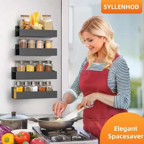 Miniatura 2 de Estante para especias de montaje en pared: 4 paquetes de almacenamiento y organización de despensa de gran tamaño sin taladrar – 11.8 pulgadas negro