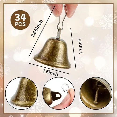 Miniatura 2 de MCPINKY 34 campanas de manualidades, pequeñas campanas de latón con ganchos de resorte para colgar para hogares, decoraciones de fiesta de boda