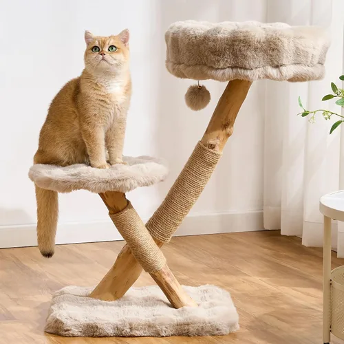 Miniatura 13 de Árbol para gatos de madera natural para gatos adultos de interior, torre de gatos moderna de 33 pulgadas con cama de felpa súper suave y percha
