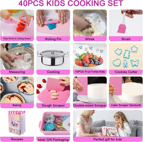 Miniatura 2 de Juego de cocina real de 42 piezas para niños, juego de cuchillos para niños, kit de repostería, utensilios de cocina, ollas y sartenes de juguete