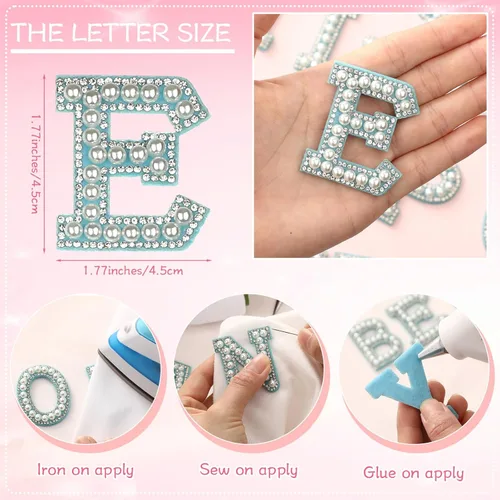 Miniatura 2 de Zeyune 104 piezas de diamantes de imitación y perlas para planchar, parches decorativos de letras A-Z con brillantina y purpurina del alfabeto