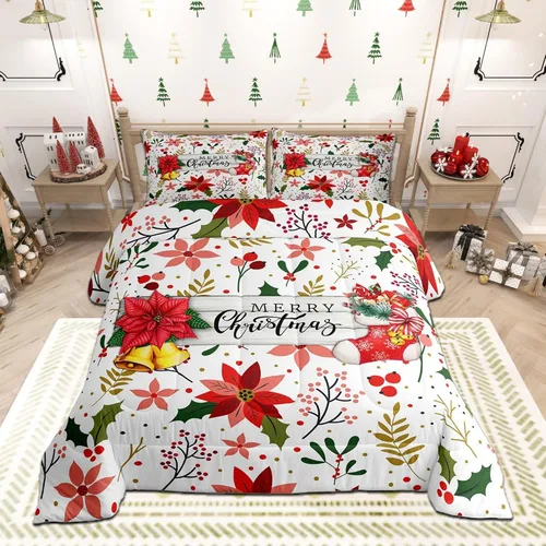 Juego de edredón de Feliz Navidad, tamaño individual, juego de ropa de cama de flores rojas de Navidad, bayas y hojas, para niños y hombres, juego