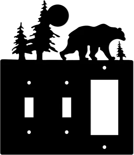 Miniatura 13 de Eagle & Bear - Placa de pared con interruptor de luz, doble dúplex, habitación de cabaña negra Cubiertas decorativas de metal para enchufe, se