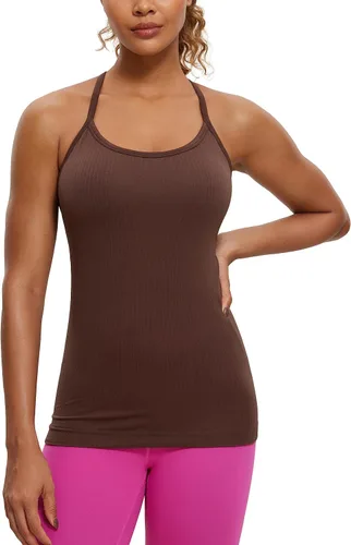 CRZ YOGA - Camisetas deportivas para mujer, sin mangas, sin costuras, con espalda cruzada y brasier incorporado, camisetas para entrenamiento
