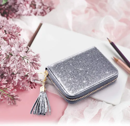 Miniatura 8 de Coco Rossi Billetera pequeña para tarjetas de crédito RFID con purpurina linda para mujer