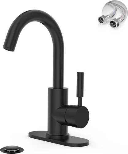Phiestina WE08E-MB - Grifo de acero inoxidable de arco alto de un solo orificio negro mate para fregadero de precocina/fregadero de bar/fregadero de