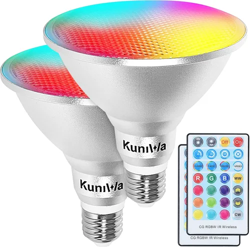 Paquete de 2 bombillas de inundación PAR38 para exteriores de 30 W, LED que cambia de color a prueba de agua, equivalente a 100 W, temporizador,
