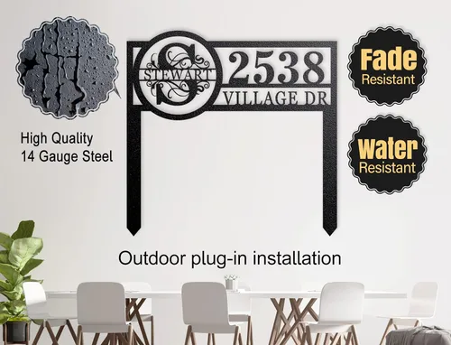 Miniatura 5 de Placa de dirección de metal personalizada con monograma que muestra la dirección y el nombre de la calle, letrero de dirección del número de casa