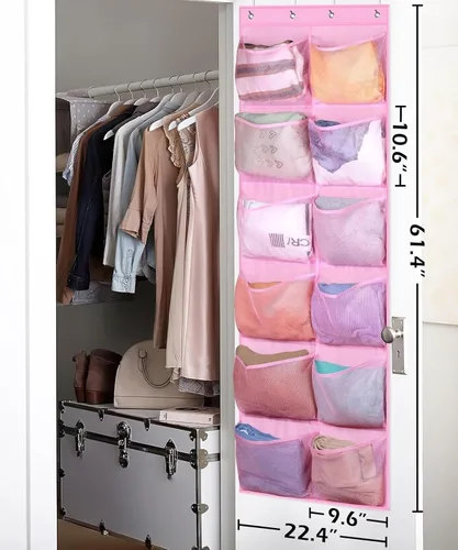 Miniatura 5 de KIMBORA 12 bolsillos grandes de malla sobre la puerta, organizador de zapatos para armario, zapatero colgante para puerta, zapatillas, Rosa