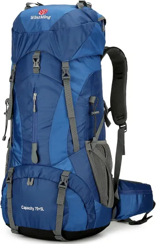 Mochila de Senderismo de 75L con Cubierta para Lluvia Impermeable Mochila de Camping Almacén de Zapatos para Hombres y Mujeres, Sin Marco Azul marino