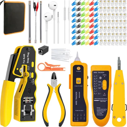 Miniatura 9 de LEATBUY - Herramienta de crimpado CAT5 CAT6, kit de herramienta de crimpado RJ45, 50 conectores RJ45 LAN Ethernet, 50 cubiertas, probador de cables