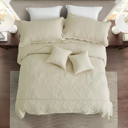 Miniatura 3 de Colcha extragrande de algodón tamaño King, diseño reversible de patrón paisley, funda de ropa de cama ligera, juego de 5 piezas, color caqui