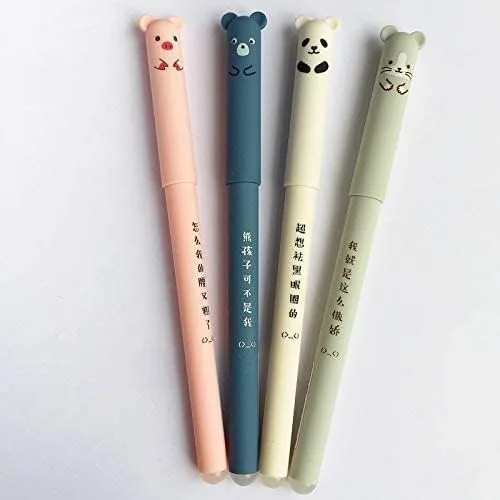 4 bolígrafos de gel femeninos lindos de 0.014 in, tinta azul kawaii, cerdo, oso, gato, ratón, bolígrafos de gel borrables para la escuela, oficina,