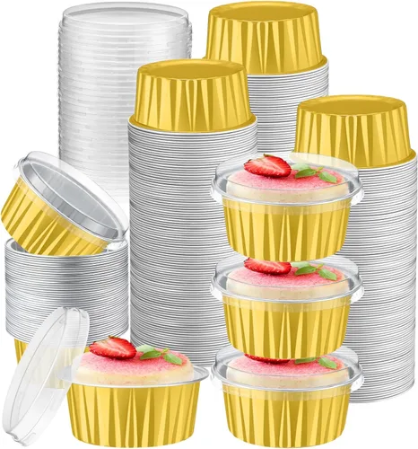 Miniatura 9 de Gejoy 400 Piezas Moldes de Papel de Aluminio para Hornear con Tapas 5 oz Moldes Desechables Ramekins Mini Moldes para Pasteles Crème Brûlée Moldes