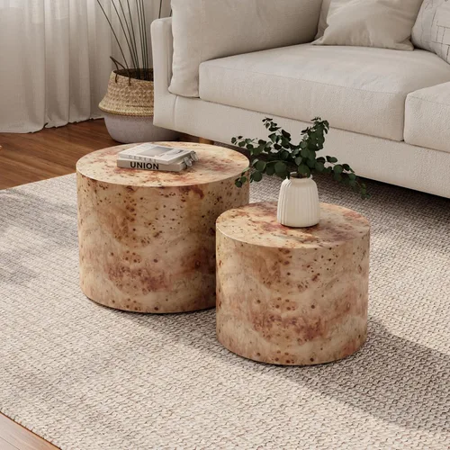 Miniatura 15 de Juego de 2 mesas auxiliares redondas, mesa auxiliar anidable y mesa auxiliar de madera con tambor circular pequeño para sala de estar, oficina, sin