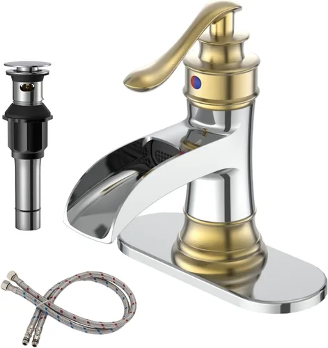 BWE - Grifo de baño de cascada de una manija, cromado y dorado, para tocador con tapón de drenaje emergente con rebosadero, de un agujero, palanca