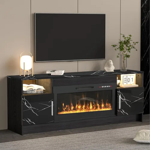 Miniatura 17 de Kucreiheat Soporte de TV negro con chimenea, luces LED, centro de entretenimiento para TV de hasta 80 pulgadas, consola de TV moderna para sala