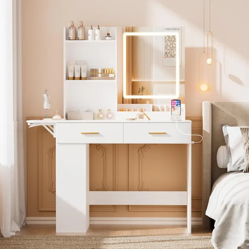 Miniatura 8 de ERLEJIA Escritorio de tocador con espejo y luces, mesa de maquillaje de 43.31 pulgadas con 4 cajones sin taburete, escritorio extra plegable con 3