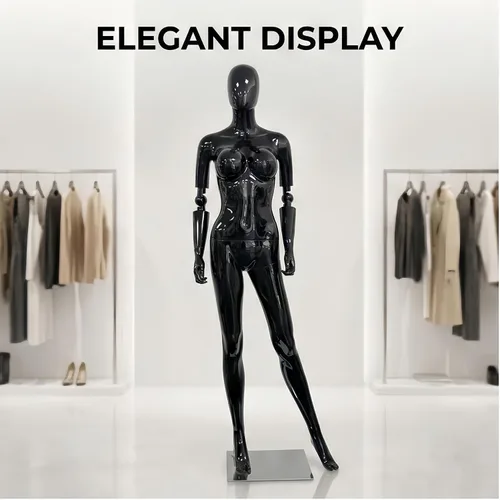Miniatura 9 de Maniquí femenino negro brillante de 70 pulgadas con brazos ajustables, forma de vestido de cuerpo completo con base de metal para exhibición