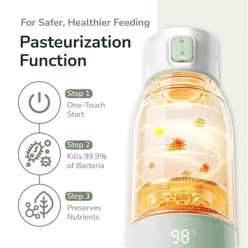 Miniatura 2 de Calentador de leche portátil para viajes, modo de pasteurización, capacidad de 17 onzas, calentamiento rápido de 3 minutos y batería de larga